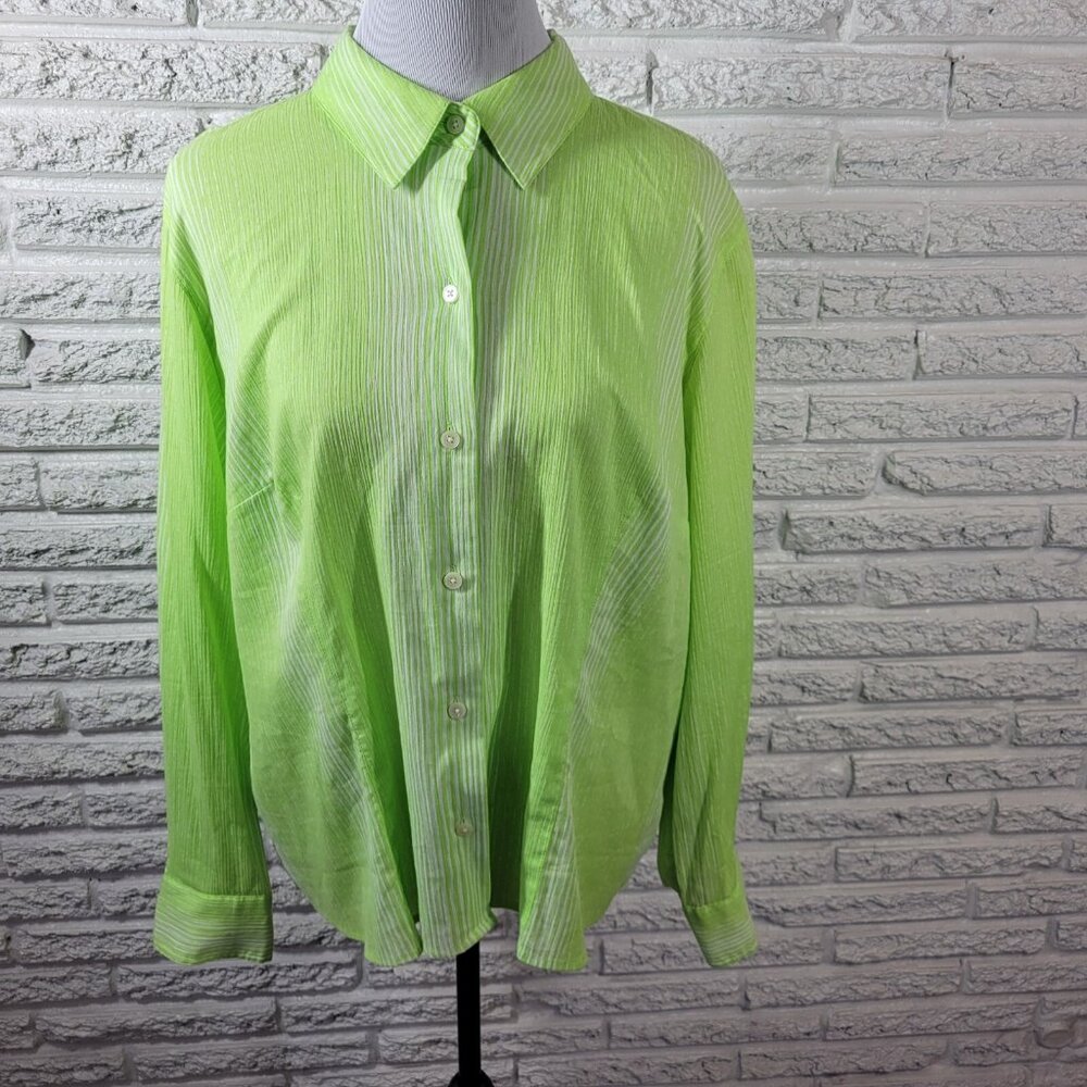 Talbots Womens Top 1X Plus Green Striped Button Up 100% Cotton GRE32E